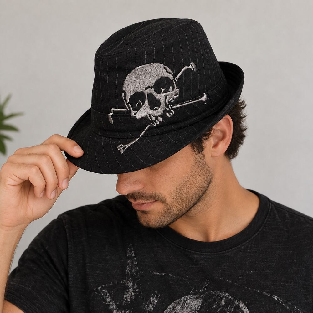 Virtis Mens Skull Fedora Hat Red Splatter Lining Black Pinstripe Size S Y2K Punk
